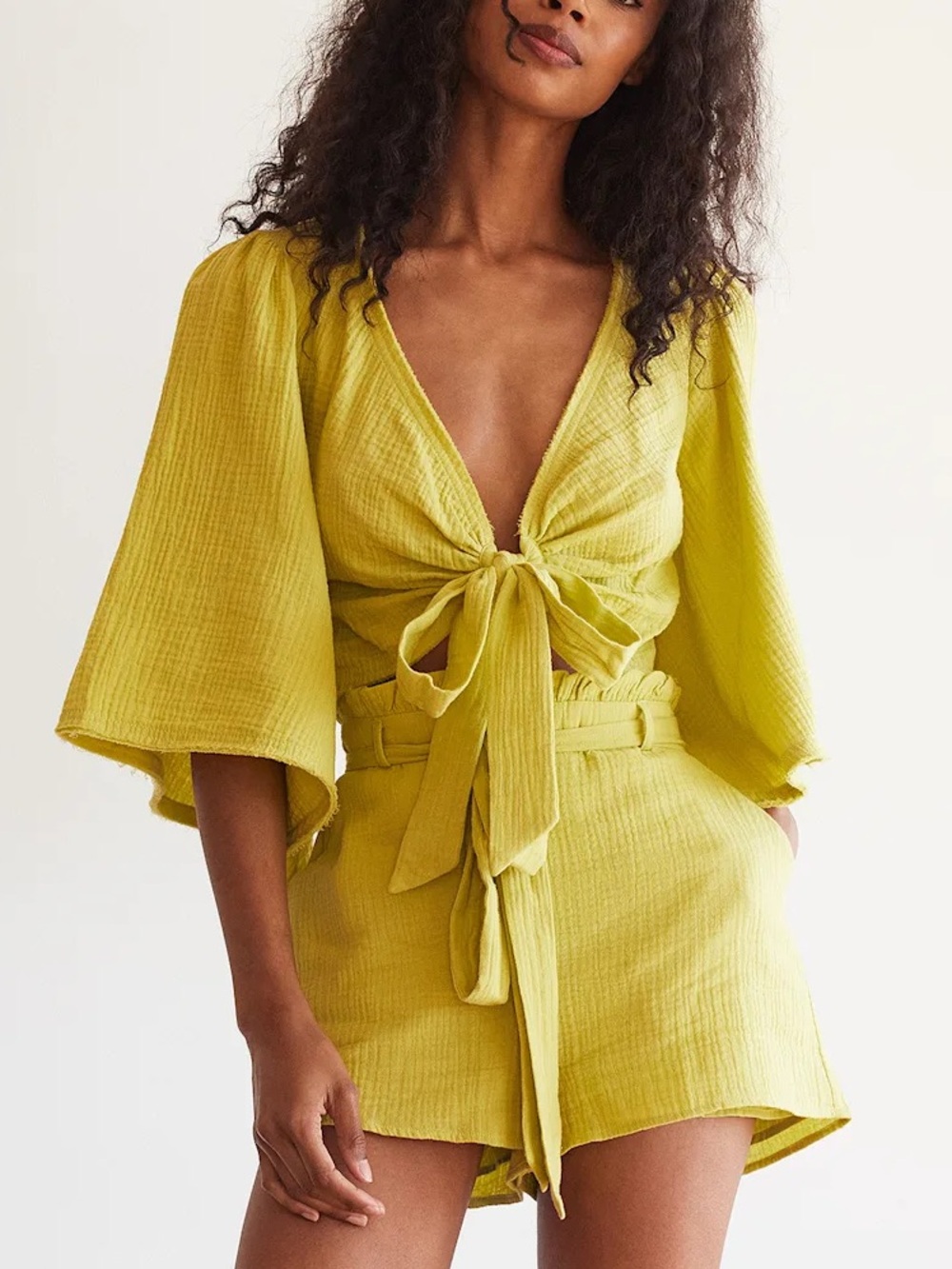 Lulu's Friendship Lime Green Tie Front Crop Top Paperbag Shorts Set Size Medium